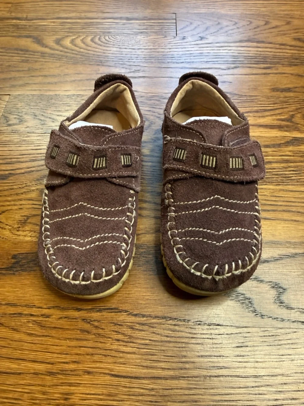 Kids Brown Suede Leather Moccasin Shoes Hook & Loop Closure Size 10
